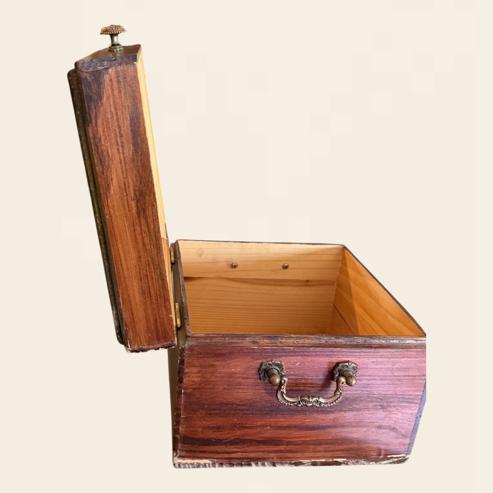Vintage Rustic Wood Storage Box Hinged Lid Brass Handles Brown Square 9x9x6.75 - Picture 7 of 9